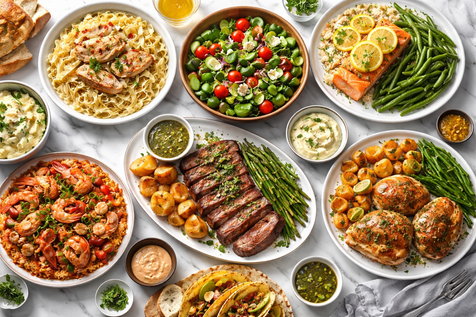 A premium spread of delicious dinner meals beautifully plated on a marble table.